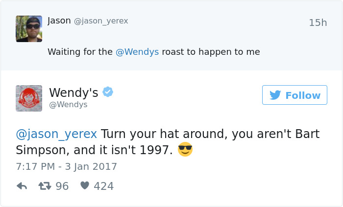 Wendy's roasting a Twitter user with a witty response, referencing Bart Simpson and 1997.