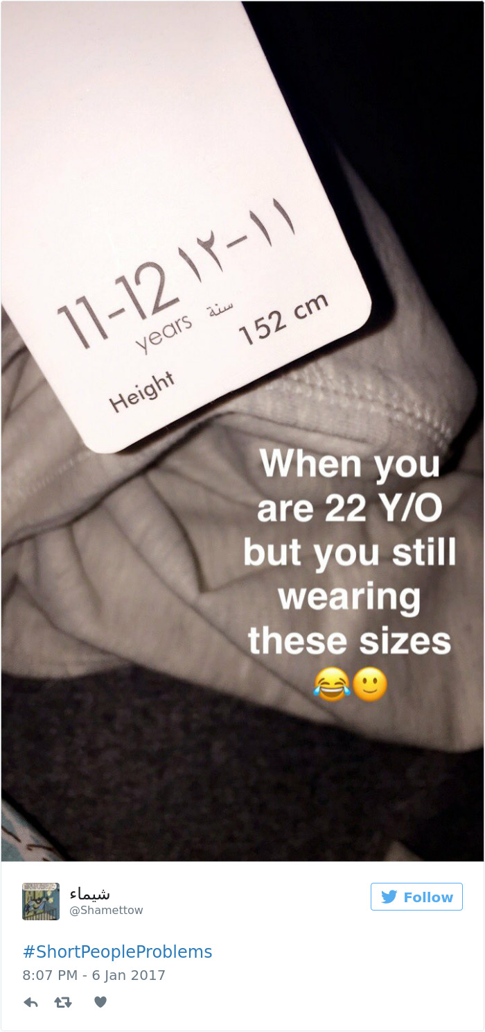 Clothing tag for ages 11-12 with a tweet about short people problems using that size at 22 years old.