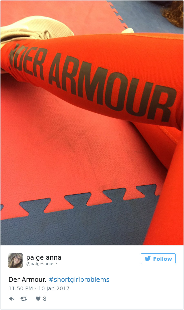Red Under Armour leggings on a foam mat, highlighting short people problems with humor in a social media post.