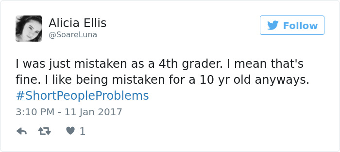 Tweet from Alicia Ellis about being mistaken for a child, with the hashtag #ShortPeopleProblems.