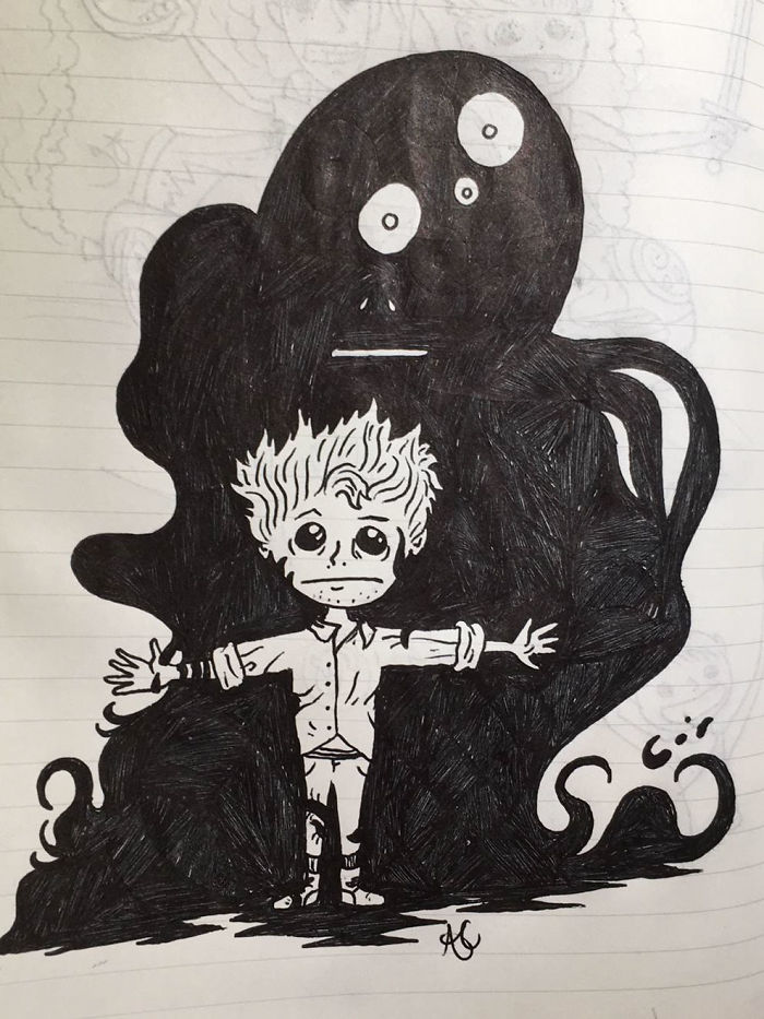 Child overshadowed by dark figure, symbolizing depression in artistic depiction.