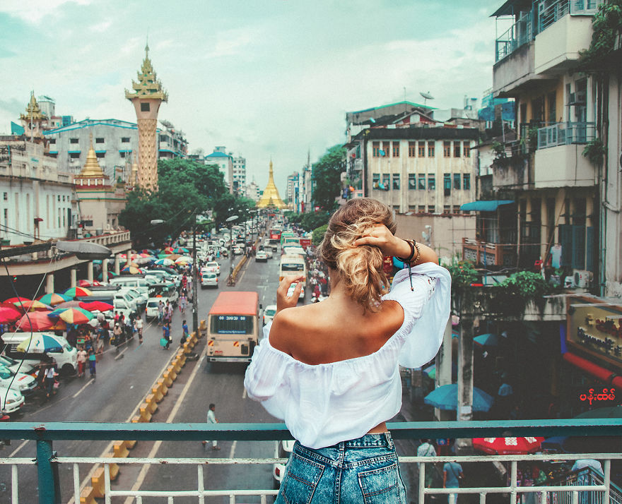 Yangon, Myanmar. Busy Streets In Yangon City With Golden Elements Anywhere You Look