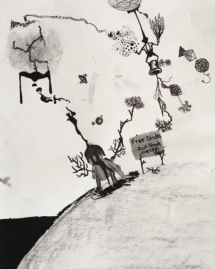 Abstract black and white artwork depicting depression with scattered elements and a "Free Sticks" sign.