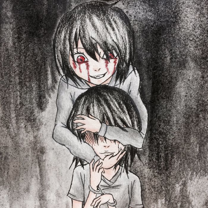 Anime-style illustration depicting depression with two figures, one with bleeding eyes, symbolizing the emotional struggle.