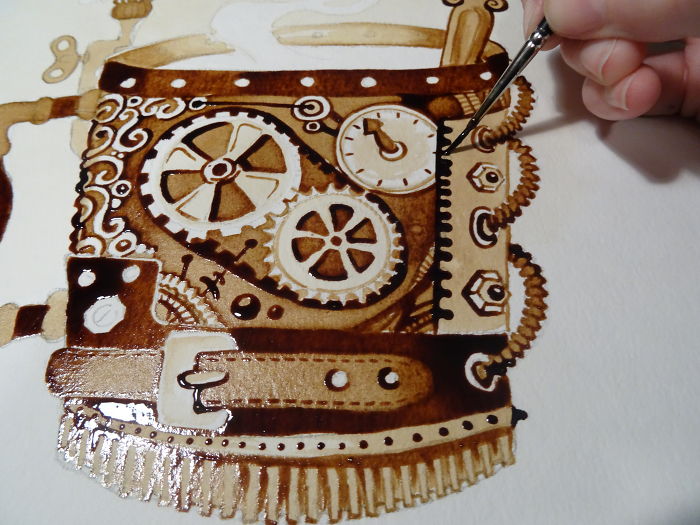 It Took Me Many Hours To "Paint" Steampunk Art Using Real Coffee