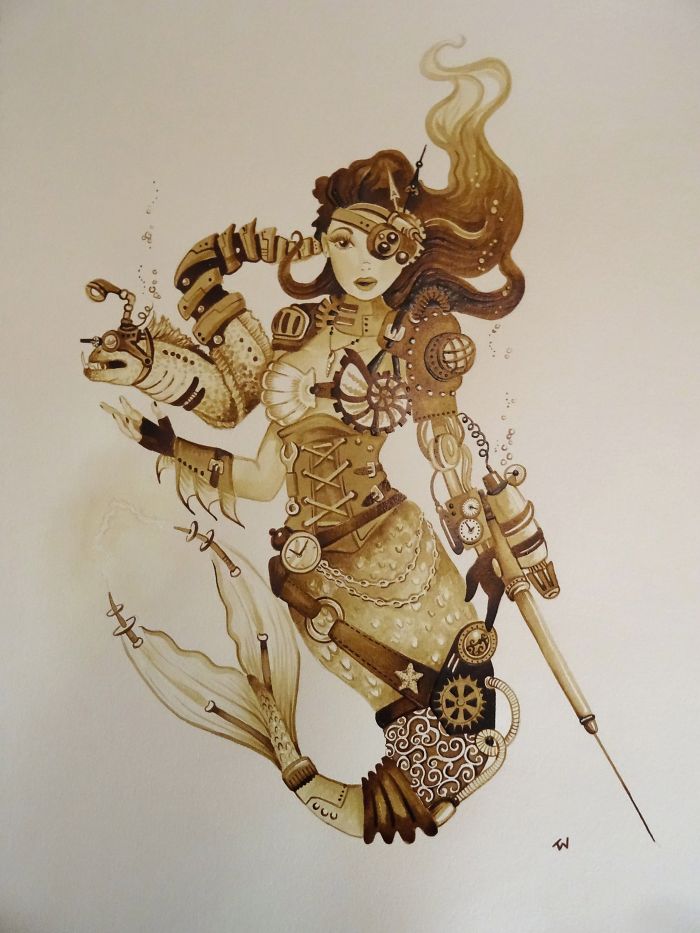 It Took Me Many Hours To "Paint" Steampunk Art Using Real Coffee