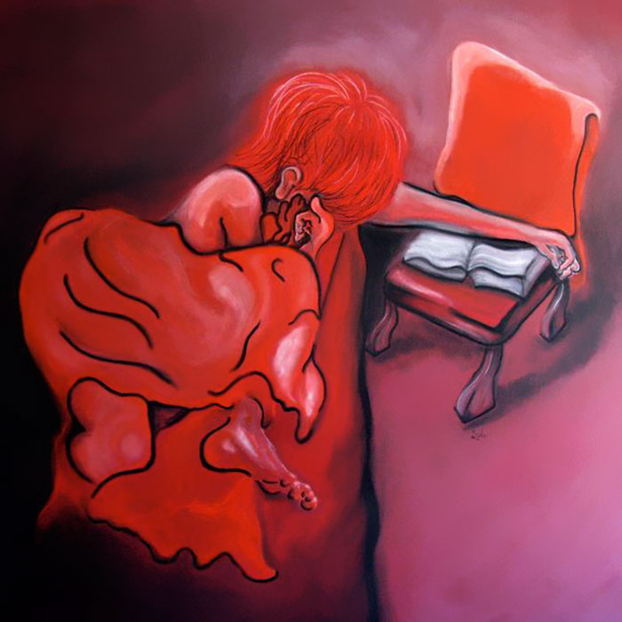 Abstract depiction of depression in art, showing a figure in red lying on a bed with an arm reaching towards a book on a chair.