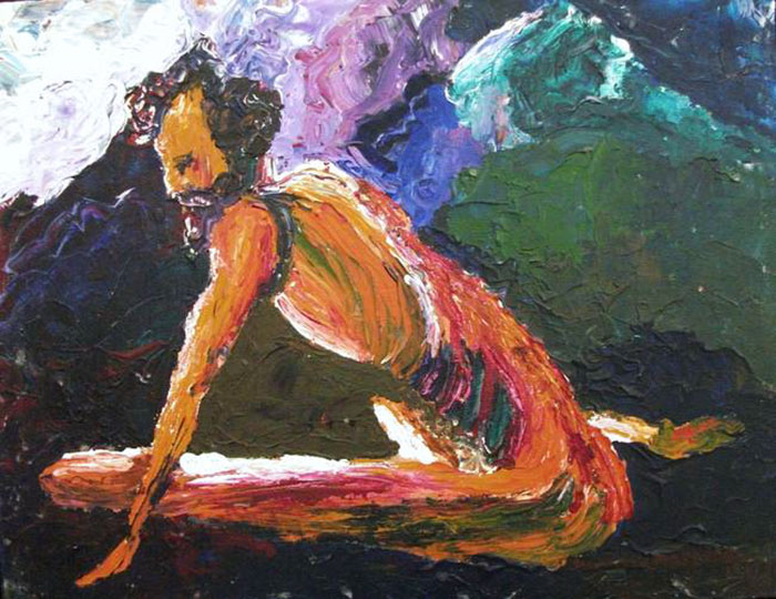 Abstract painting of a person seated, using vibrant colors to depict depression.