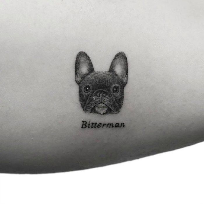 Dog tattoo with a detailed French Bulldog design labeled "Bitterman."