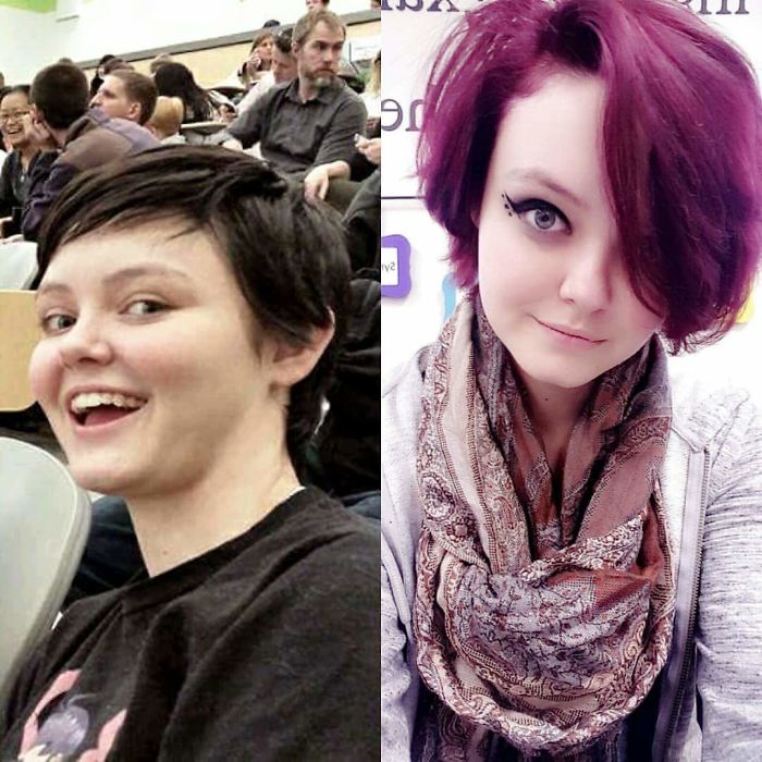 Left:bullied Relentlessly, Single, No Eyelashes, Bad Hair, Aweful Arm Acne, Slightly On The Chubby Side, Flat Chested, Homeschooled. Right: Happy With Life, Independent, And Wearing Some Makeup (amazinhat That'll Do For Ya)