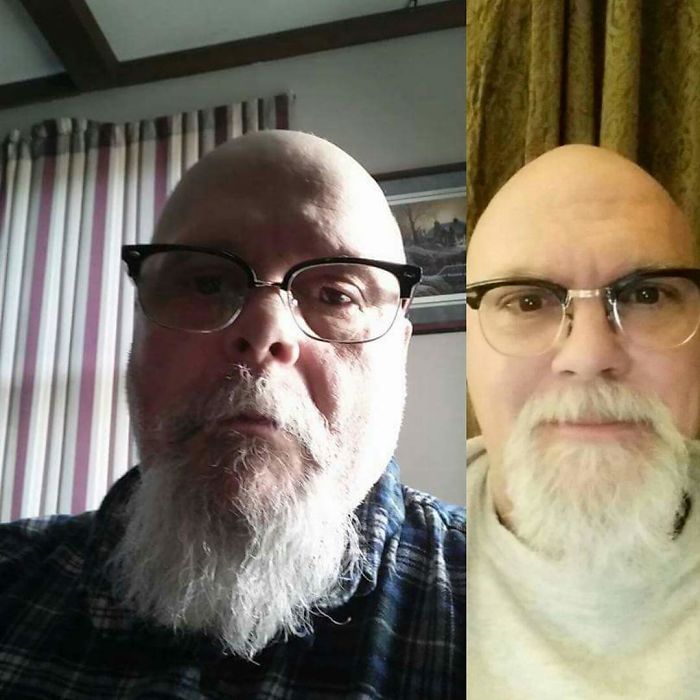 Two bald doppelgangers taking selfies in their room 