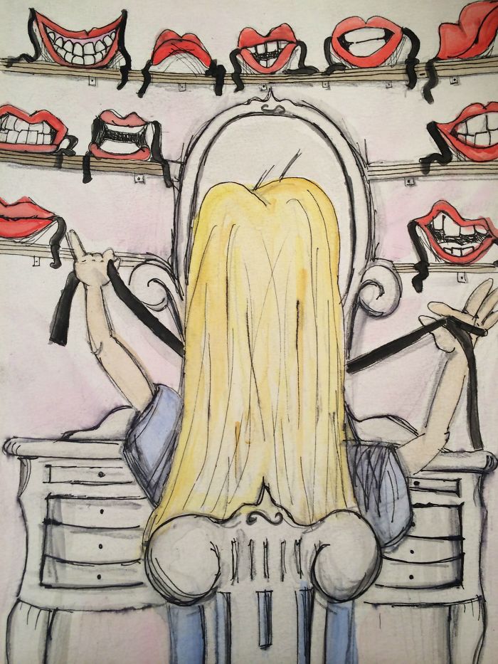 Illustration of a person choosing a smile mask from a collection, symbolizing depression with hidden emotions.