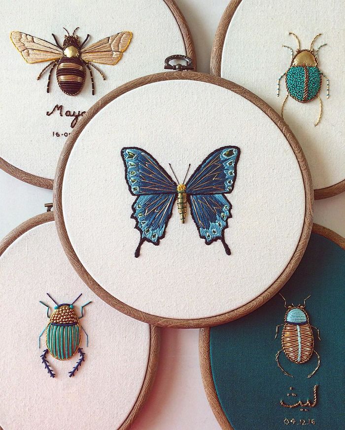 I Create Embroidered Art Inspired By Entomology And Botanical Illustrations