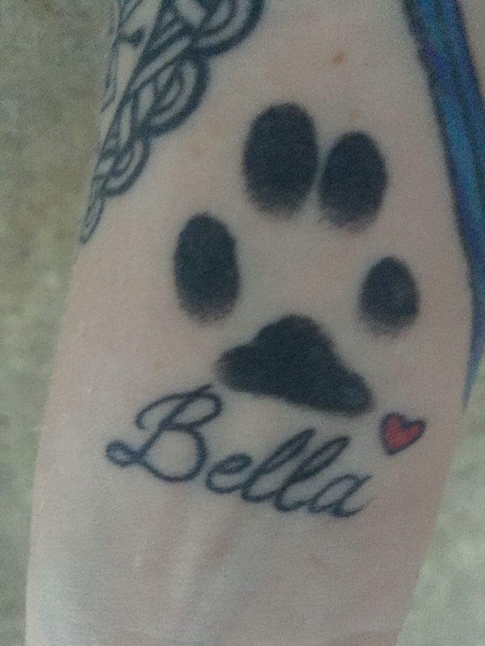 Dog tattoo with paw print, "Bella," and small red heart on arm.