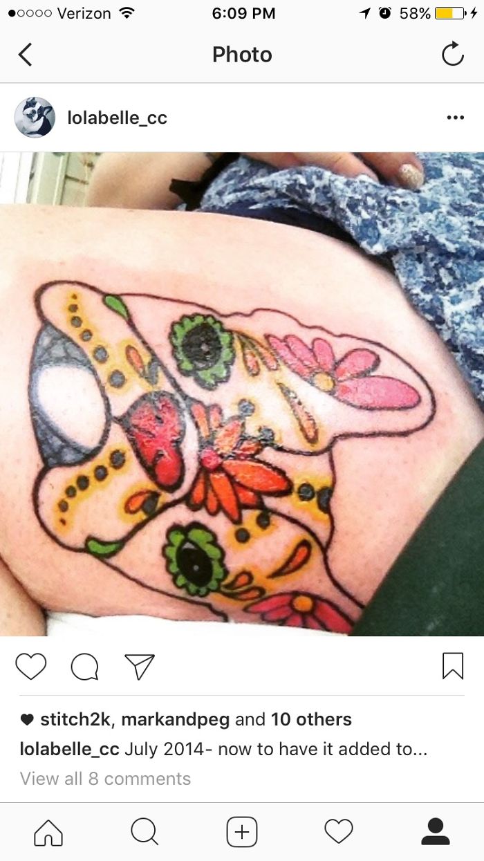 Colorful dog tattoo design featuring floral and abstract patterns.