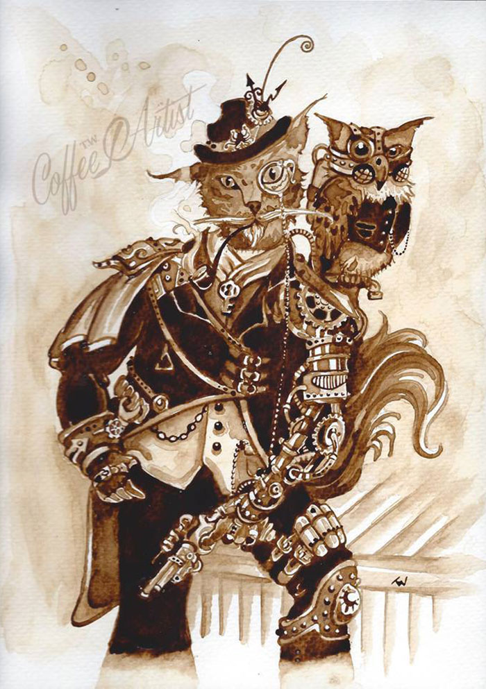 It Took Me Many Hours To "Paint" Steampunk Art Using Real Coffee
