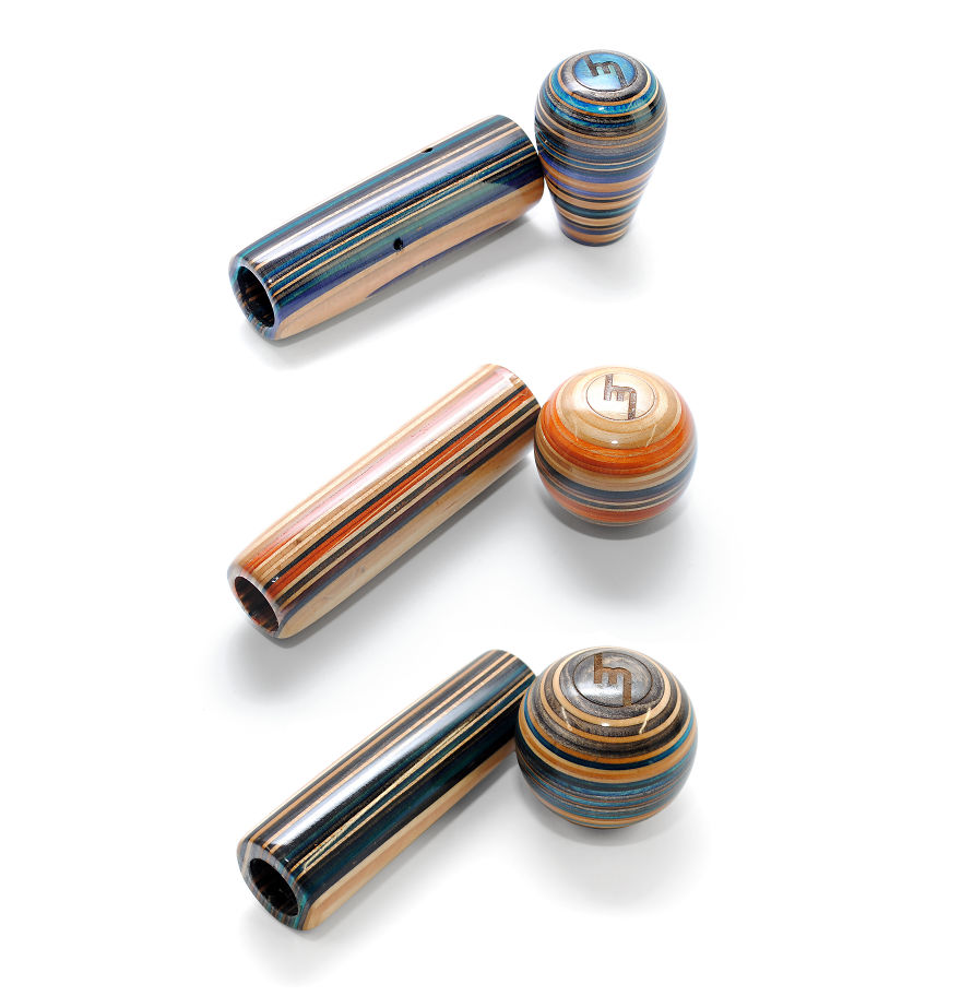 Sets Of Shift Knobs And Handbrake Out Of Recycled Skateboards