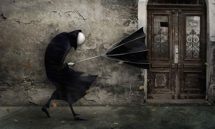 Abstract depiction of depression: a faceless figure struggles against the wind with a broken umbrella near a weathered door.