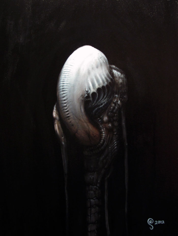 Surreal monochrome painting depicting a distorted, alien-like figure as an expression of depression.