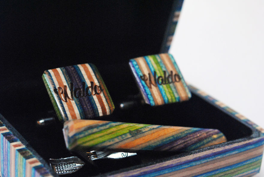 Cufflinks And Gift Box Out Of Recycled Skateboards