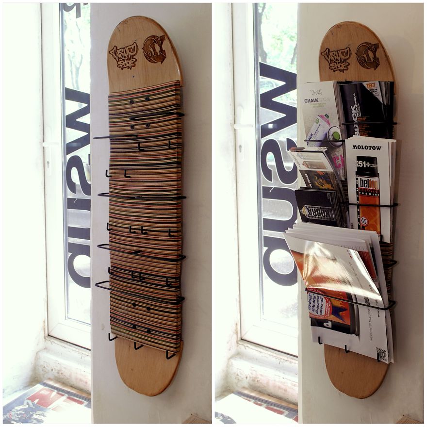 Flyer Rack Out Of Recycled Skateboards