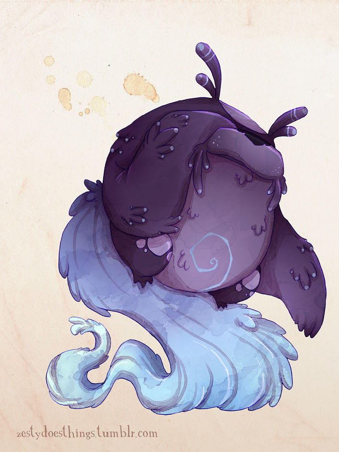 Abstract illustration depicting depression as a round creature with drooping features, curled tail, and muted colors.