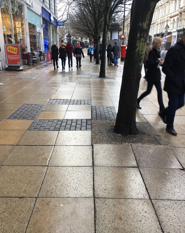 This Pattern In The Pathway Designed To Go Around The Planted Trees Is Instead Placed Just Outside The Trees