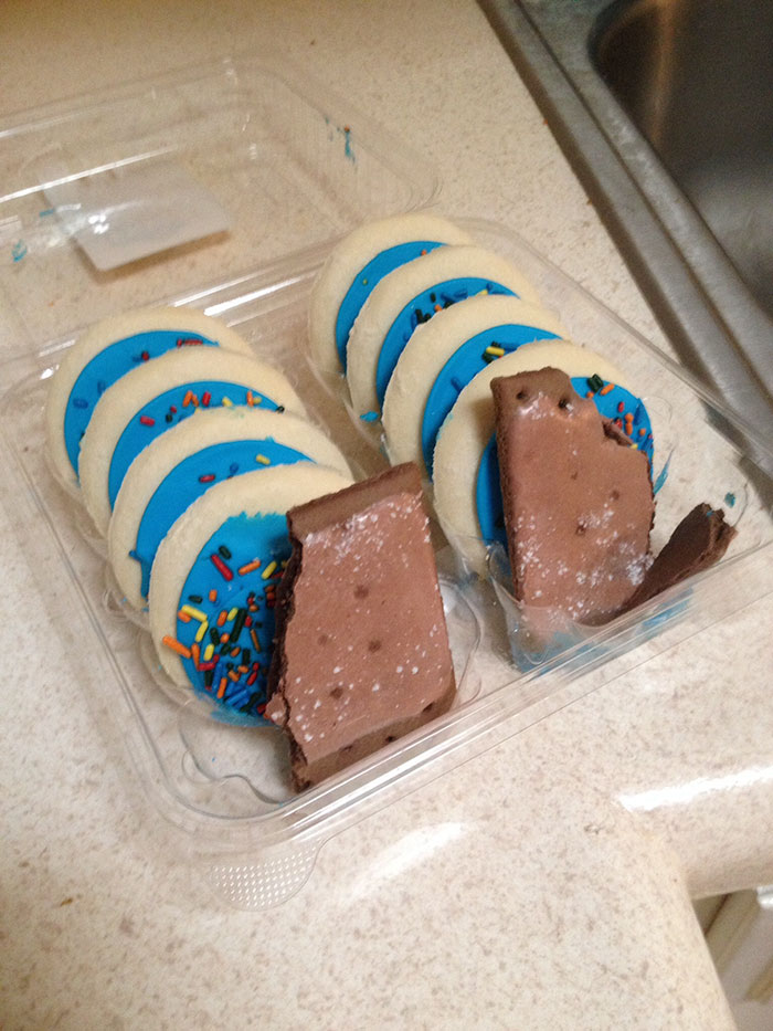 Little Bro Was Staying For The Night, I Went To Bed Early, Told Him To Help Himself To Any Sweets (Chocolate Pop Tarts, Ice Cream, Etc) But Asked That He Not Eat My Favorite Cookies. Woke Up To This