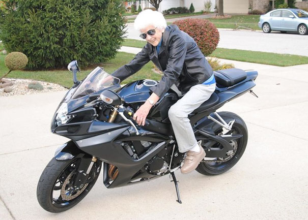 My 86 Year Old Great Grandma On My 2006 Suzuki Gsx-R 600 Rockin Some Leather And Shades