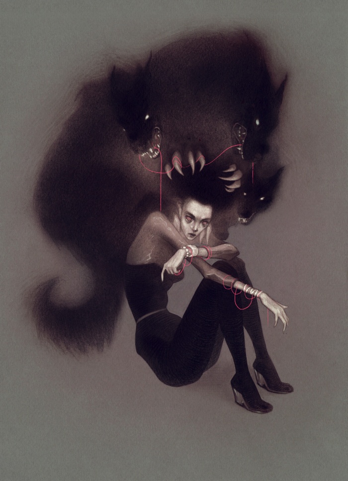 Artwork depicting depression with a person surrounded by dark, wolf-like shadows, conveying an intense emotional struggle.