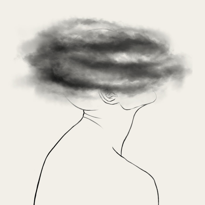 Illustration depicting depression with a human figure whose head is obscured by dark clouds.