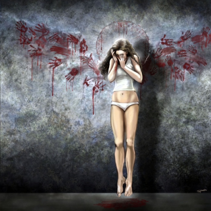 Artwork depicting depression: a woman covering her face with red handprints on the wall behind her.