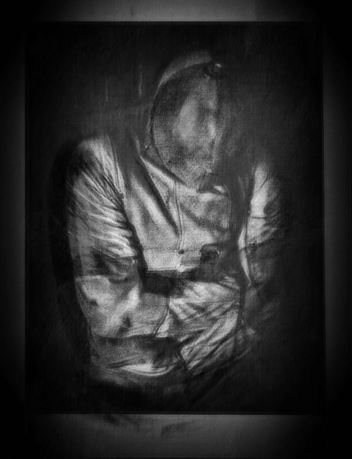 A monochromatic artwork depicting a figure in a straitjacket, capturing the essence of depression.