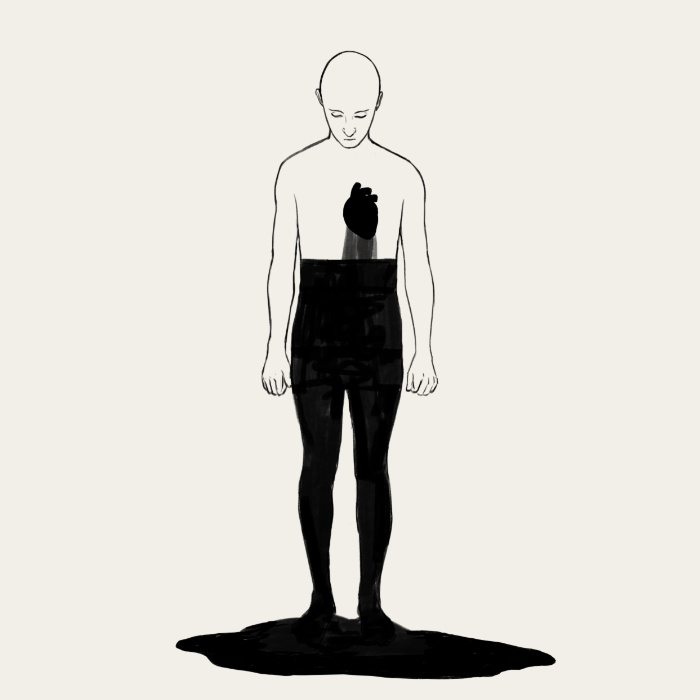 Illustration of a person with blackened heart and lower body, symbolizing depression's visual impact.