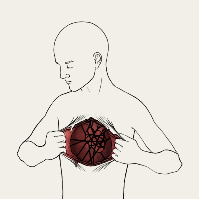 Illustration of a person tearing open their chest, revealing a spider web, symbolizing depression.