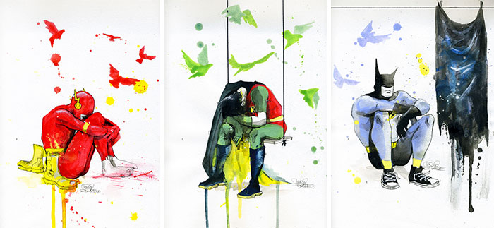 Superheroes depicted in vibrant colors attempting to express depression through emotive postures and abstract backgrounds.