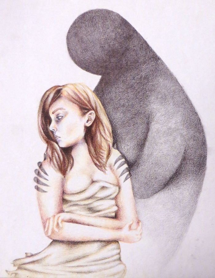 A woman wrapped in a cloth is embraced by a shadowy figure, illustrating depression.