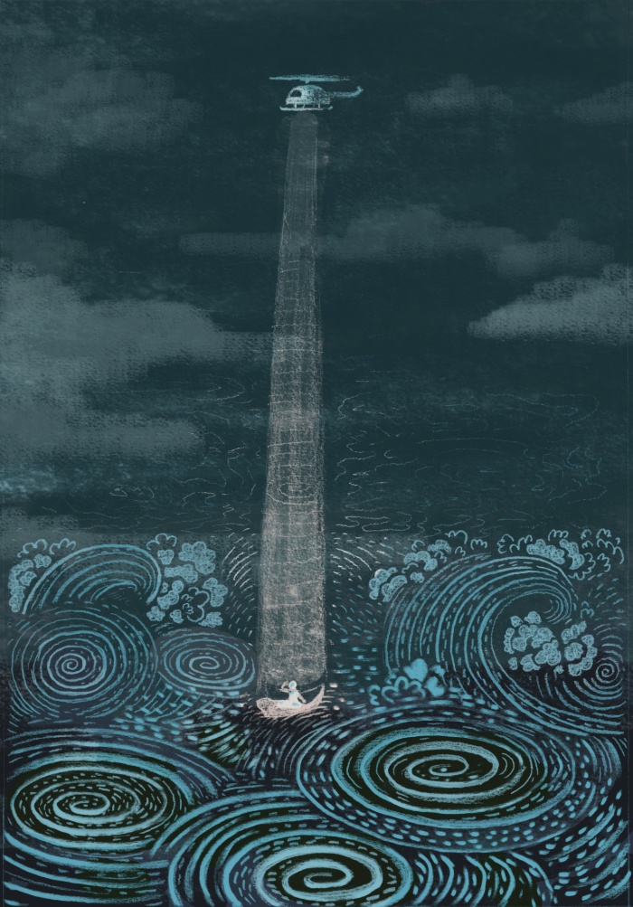 Artistic depiction of depression: a lone figure in a boat under swirling, dark waves, illuminated by a helicopter's light beam.