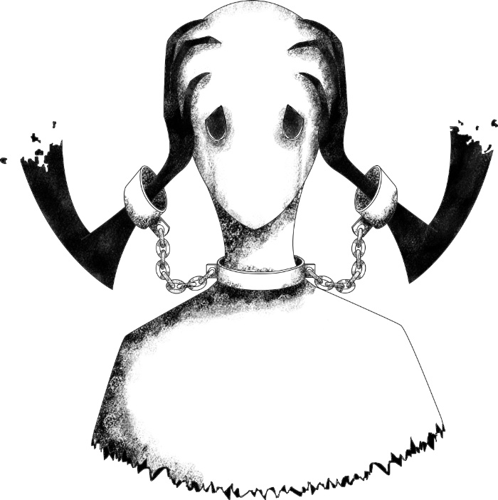 Abstract monochrome artwork depicts depression with chained, faceless figure, illustrating emotional heaviness and isolation.