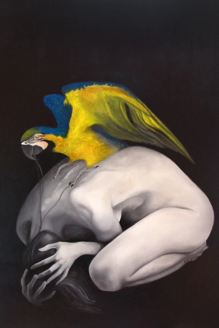 Abstract depiction of depression featuring a vibrant parrot on a curled-up figure against a dark background.