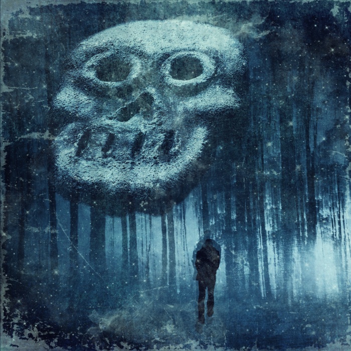 A figure in a dark, misty forest under a large skull shape, representing depression through art.