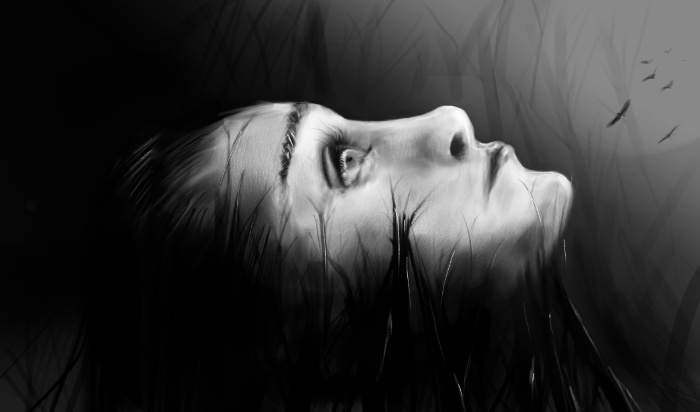 A grayscale illustration of a woman's face surrounded by dark abstract elements, depicting depression artistically.