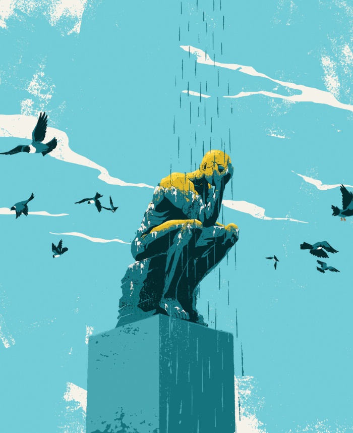 Statue depicting depression with rain falling and birds flying in the background.