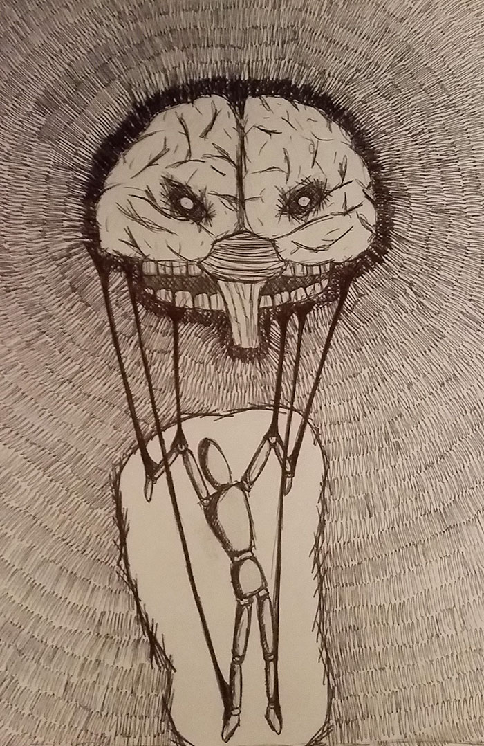 Artistic depiction of depression with a puppet hanging from a brain-shaped balloon, illustrating emotional weight and struggle.