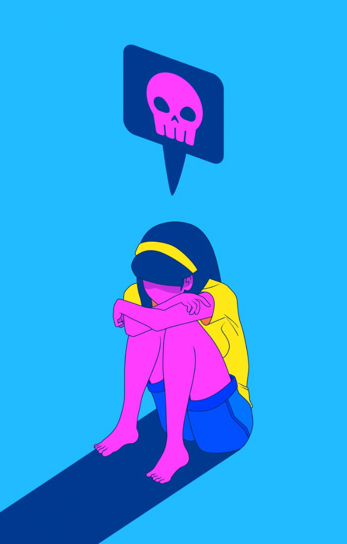 Illustration of depression by artists, showing a person sitting with a pink skull thought bubble, against a blue background.