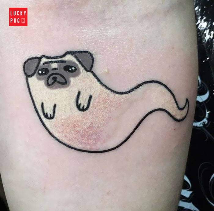 Cute dog tattoo design featuring a cartoon pug with a ghostly tail.
