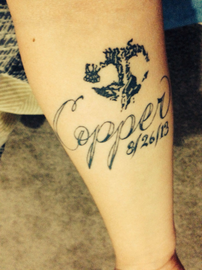 Dog tattoo with a paw print and the name "Copper" and date on forearm.
