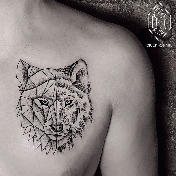 Geometric and realistic dog tattoo design on a person's chest.