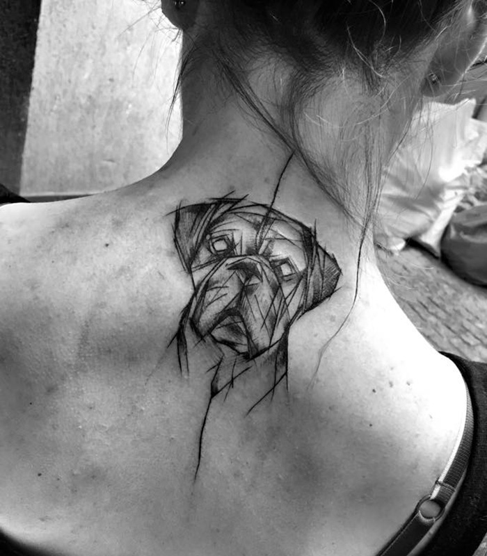 Dog tattoo on woman's neck in geometric style, showcasing one of the best dog tattoo ideas.