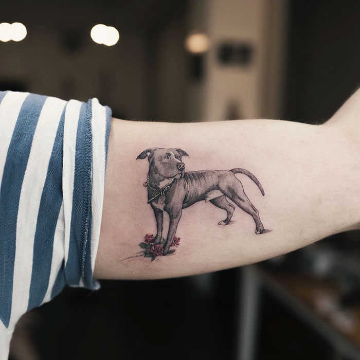 Dog tattoo on arm, featuring a detailed portrait of a pit bull with floral accents.